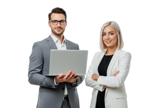 business man and women with laptop isolated on white 