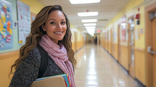 Woman carrying books in a school hallway.