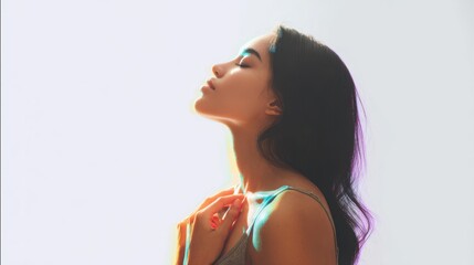 Woman with eyes closed bathed in light