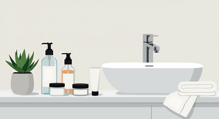 Minimalist Bathroom Sink with Skincare Products and Green Plant Illustration
