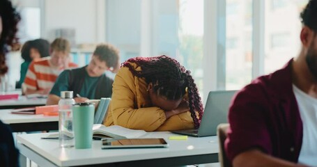Sick woman, student and nap with stress in classroom for anxiety, illness or nausea at university. Tired, female person or virus with fatigue, depression or rest on table for burnout or pressure - Powered by Adobe