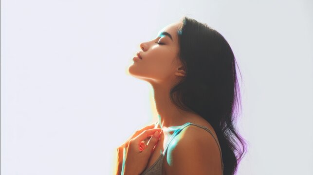 Woman with eyes closed bathed in light