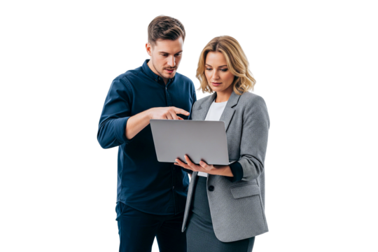 business people holding a laptop isolated on white 