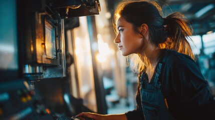 Woman working at industrial machinery with warm lighting