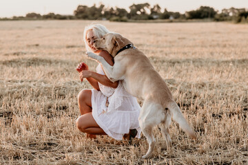 Beautiful happy young blonde girl with labrador in field at sunset