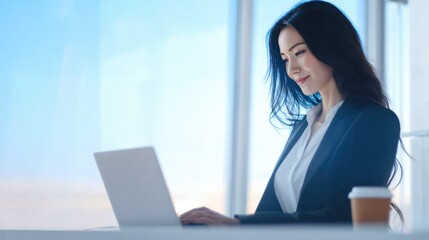 Woman working on a laptop with a coffee cup