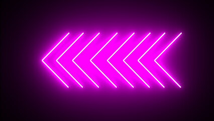 Glowing purple neon single line directional left blinking arrow. Abstract neon flashing light back arrow