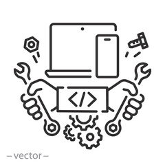 logo device service, electronics repair icon, notebook service emblem, hands of a master with a wrench, phone repair station, system development, mobile software, line vector illustration eps10