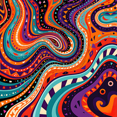 Abstract bohemian colorful geometric and dynamic patterns features various geometric shapes in colored wavy lines seamless pattern background 