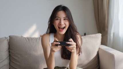 Young Asian woman enthusiastically playing video games on a sofa
