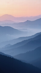 Fototapeta premium Fog rolling across layered hills at dawn, pastel light gradients with dreamy atmospheric landscape composition