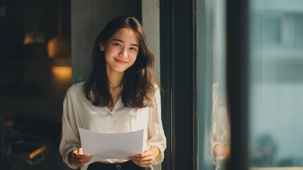 Young woman holding a document near a window