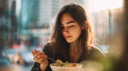 Young woman eating a salad
