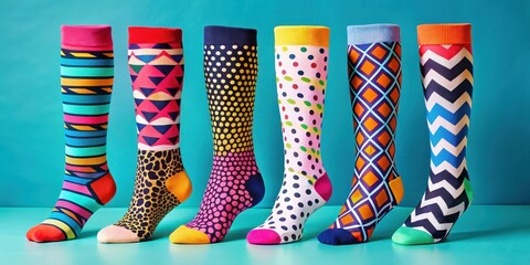 Colorful animal prints knee-high socks with bold geometric shapes and abstract patterns