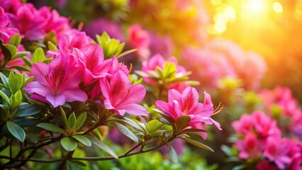 Fototapeta premium Vibrant pink azalea flowers blooming in a garden with warm sunlight filtering through leaves