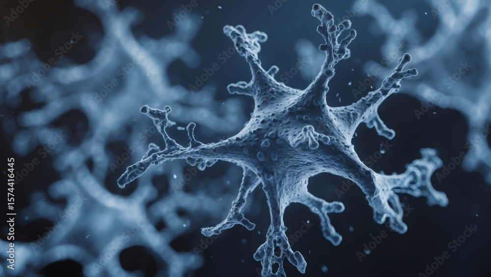 Poster detailed microscopic view of a neuron cell in a biological research setting, revealing intricate det