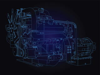 Diesel Engine Drawing, digital hand drawn line illustration