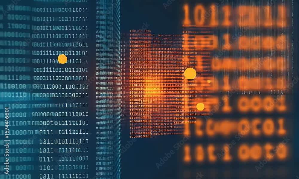 Poster a blurred background of computer code and data, representing the digital world with elements like sc