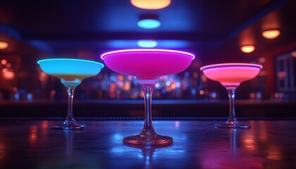 Colorful Cocktails On Bar Counter At Night