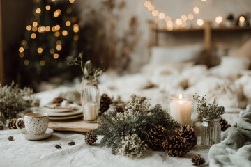 minimalistic christmas celebration atmosphere in usa featuring soft lighting and simple garlands