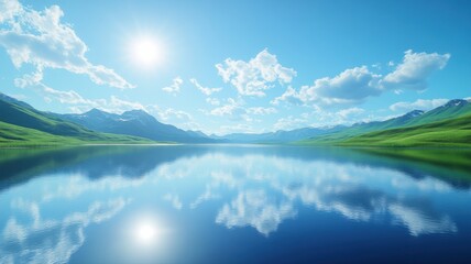 Sunny day on a tranquil mountain lake with reflections of sky and clouds lake mountain sky clouds ai