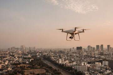 futuristic cityscape featuring drones and robots seamlessly integrated into urban infrastructure showcasing their