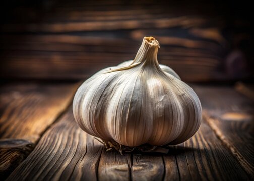 Close-up of garlic head on dark wooden background with subtle texture and soft lighting effects