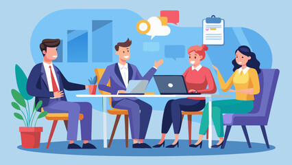 Vector art of a group of colleagues actively participates in a productive business meeting, sharing ideas