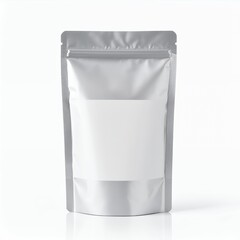 Metallic stand-up pouch with blank label area for product branding mock-up on white background