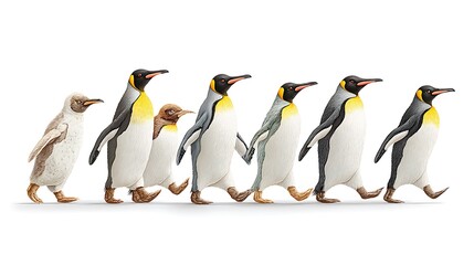 Obraz premium Pixel Art King Penguins March in a Row on White Background