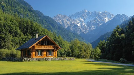 Obraz premium Mountain chalet nestled in green valley against a backdrop of snow-capped peaks under a clear blue sky