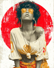 A cool, confident woman with sunglasses and hoop earrings poses with attitude. A stylish graphic illustration with a bold red circle and grunge texture.