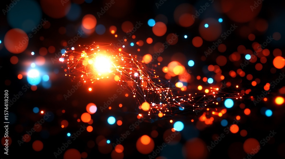 Poster abstract design with glowing particles and interconnected lines.