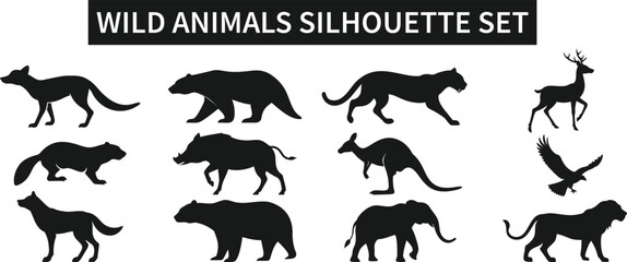 Naklejka premium Black Silhouettes of Wild Animals – Vector Set of Jungle, Forest, and Safari Wildlife vectors design