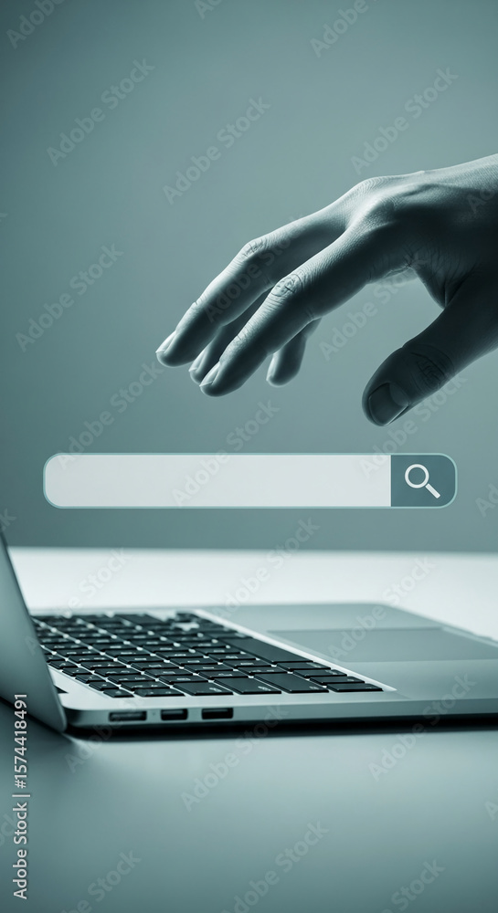 Fototapete hand hovering over laptop keyboard, interacting with a digital search bar, symbolizing online search