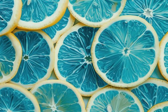 Close up of overlapping blue lemon slices forming a textured and vibrant citrus background