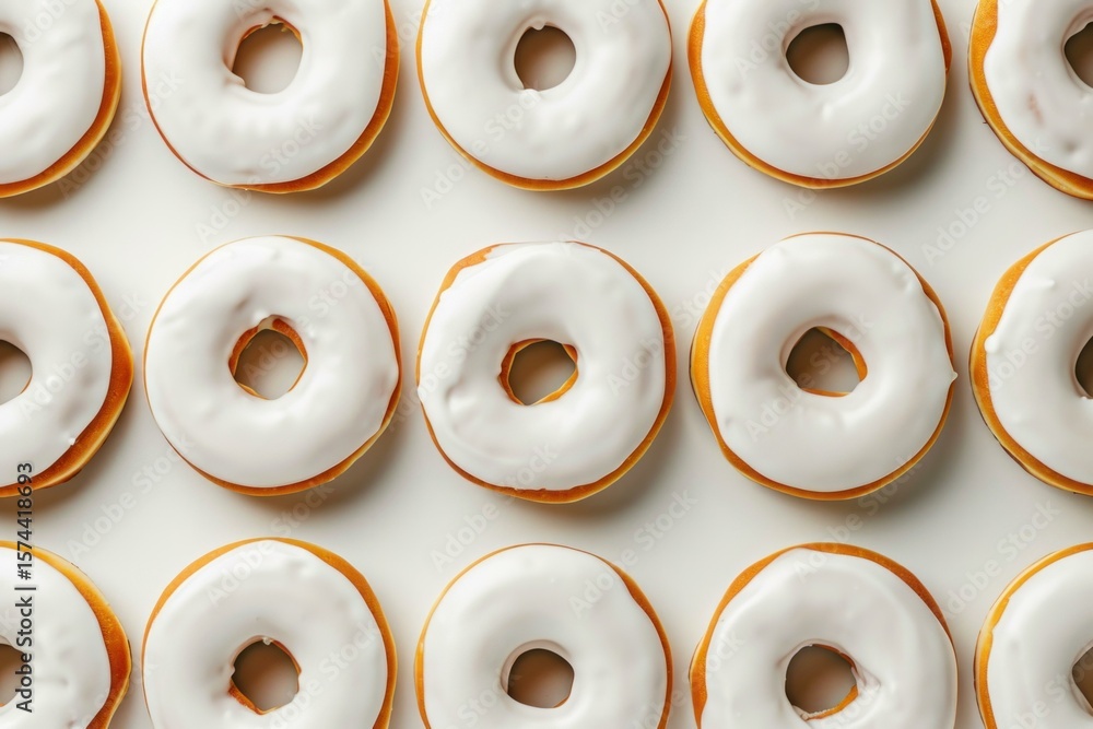 Poster perfectly aligned donuts covered in white icing create a visually appealing and tempting pattern on 