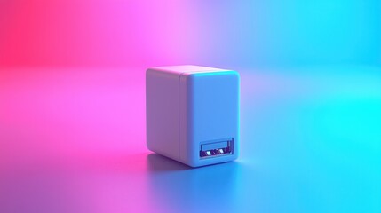 Minimalist white power adapter in vibrant neon lighting