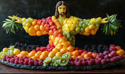 Colorful Fruit Arrangement Depicting Religious Figure Against Dark Background