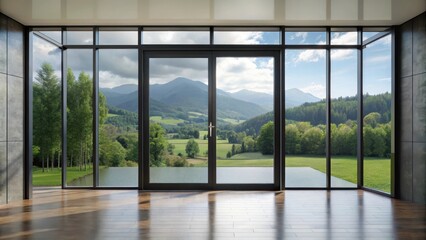 Large black aluminum swing doors set against a serene natural landscape with trees and a blurred distant mountain range background, large windows, blurred mountains