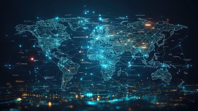 Glowing world map with connected lines and bright spots over a blurred cityscape backdrop