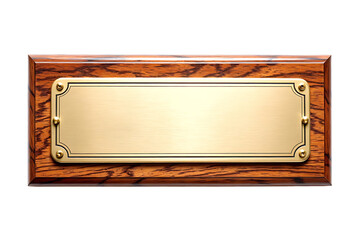 Blank polished golden nameplate framed by decorative black lines, attached on textured rich walnut backing isolated on white background