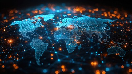Fototapeta premium World map overlayed with interconnected dots and lines, glowing blue and orange against a blurred background