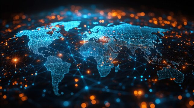 World map overlayed with interconnected dots and lines, glowing blue and orange against a blurred background