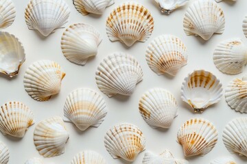 Pattern of seashells lying on white background creating summer holiday atmosphere