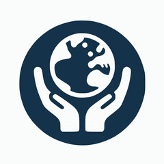 Earth hand-holding icon, solid blue,white background