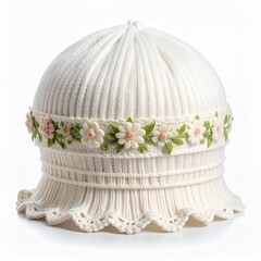 Delicate knitted bonnet adorned with floral embellishments, soft and gentle on white background