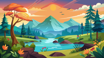 Obraz premium Vector art of a colorful illustration of a serene mountain landscape with a river during sunset