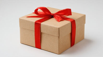 Obraz premium A brown gift box tied with a red ribbon, ready for giving and celebration.
