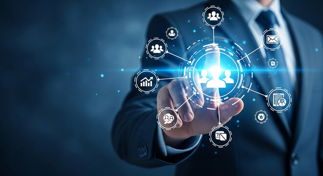 Businessperson interacts with a digital interface, showcasing customer relationship management, data analysis, and communication concepts.  Symbolizes modern business technology and strategy